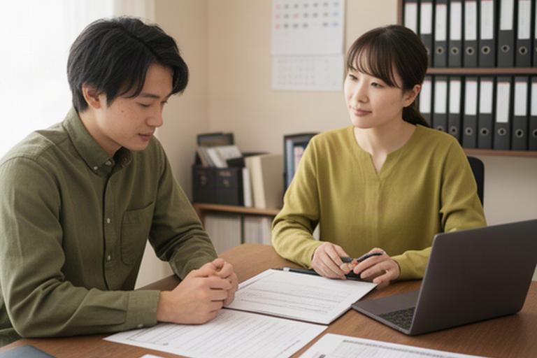 香川県の小規模企業の事務所で、経営者と人事担当者が就業規則と勤怠記録を机に広げて確認している様子